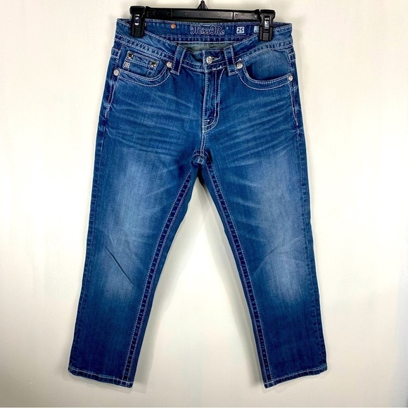Miss Me Jeans Boyfriend Capri Beaded‎ Jeweled Medium Wash Denim Pants Size 25 - Picture 1 of 6
